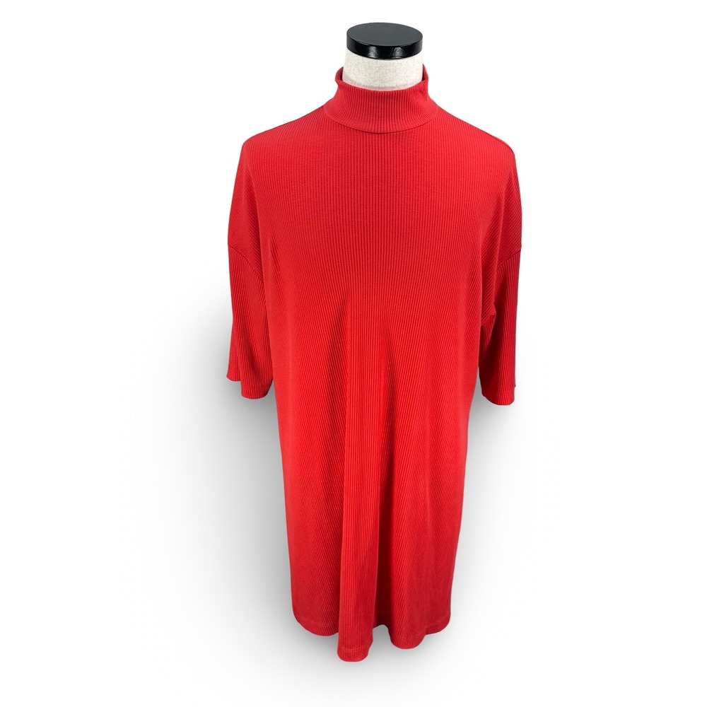 Dressed In LALA‎ Womens Red Ribbed Mock Neck Oversized Tunic Top Large